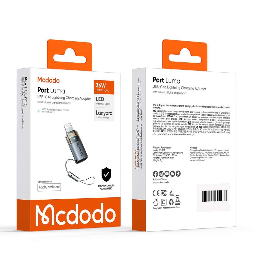 MCDODO OT-7630 MDD USB-C Female to iP Male Adapter with LED Light PD 36W Fast Charging Converter
