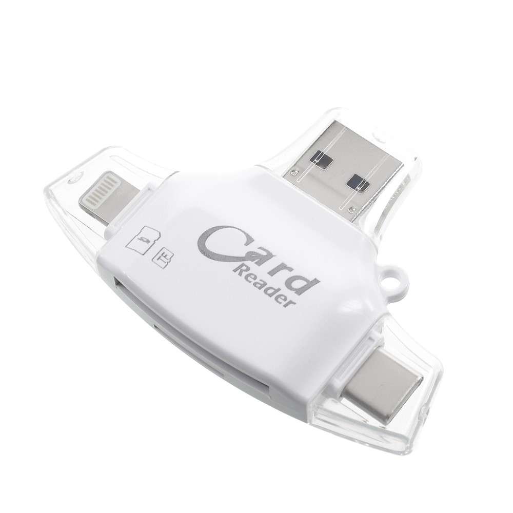Multi-functional 4 in 1 Lightning 8pin/Micro USB/Type-C/USB2.0 Card Reader with SD/TF Card Slot - Wh