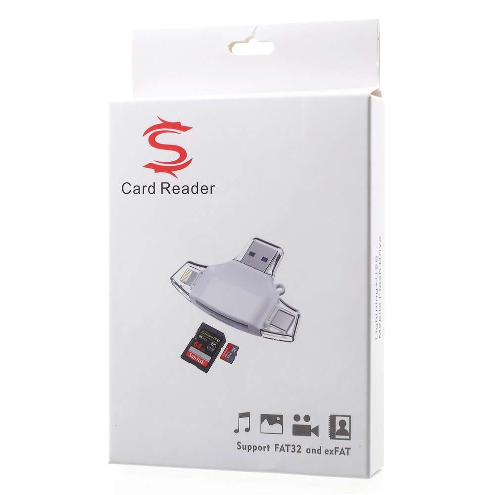 Multi-functional 4 in 1 Lightning 8pin/Micro USB/Type-C/USB2.0 Card Reader with SD/TF Card Slot - Wh