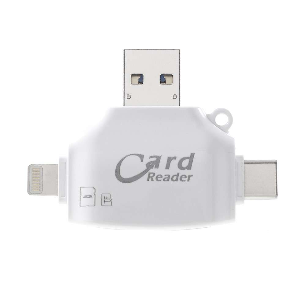 Multi-functional 4 in 1 Lightning 8pin/Micro USB/Type-C/USB2.0 Card Reader with SD/TF Card Slot - Wh