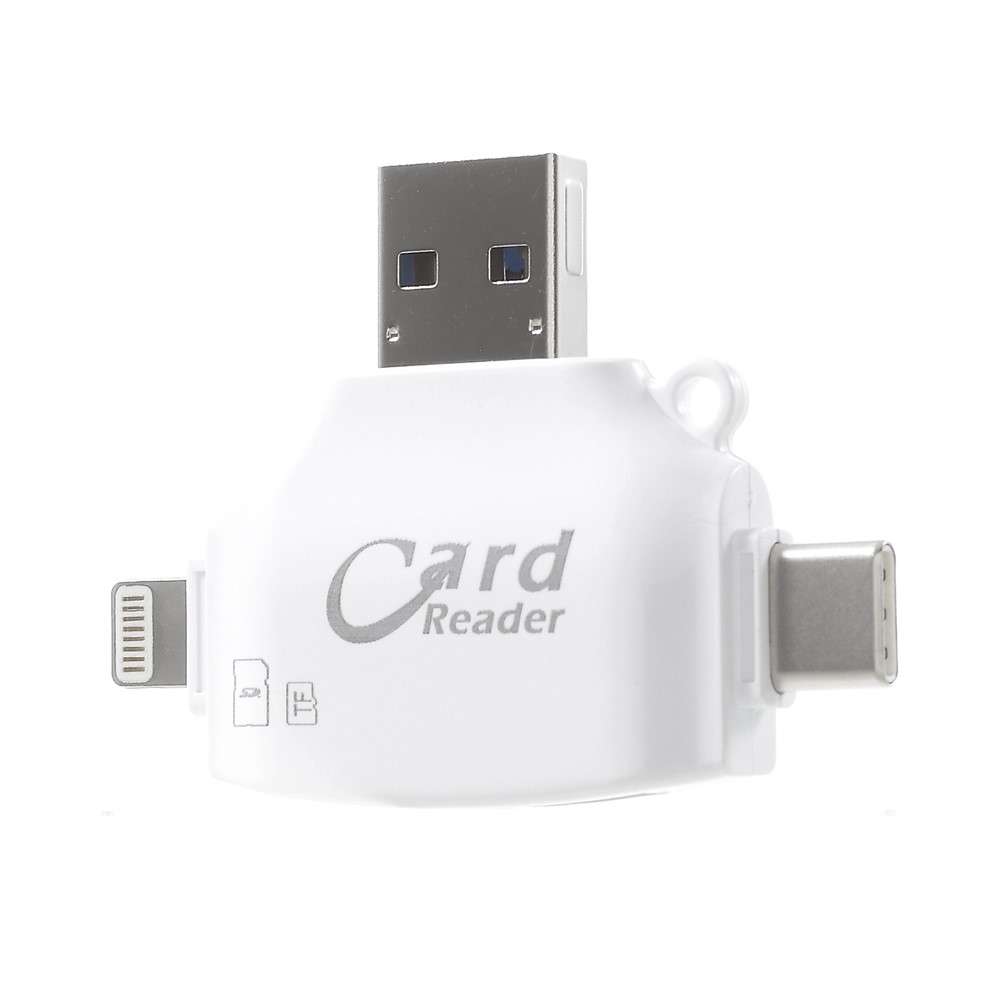 Multi-functional 4 in 1 Lightning 8pin/Micro USB/Type-C/USB2.0 Card Reader with SD/TF Card Slot - Wh