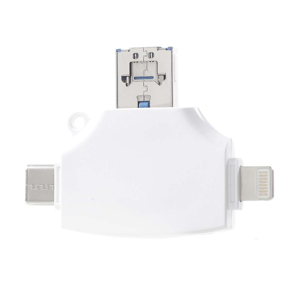 Multi-functional 4 in 1 Lightning 8pin/Micro USB/Type-C/USB2.0 Card Reader with SD/TF Card Slot - Wh
