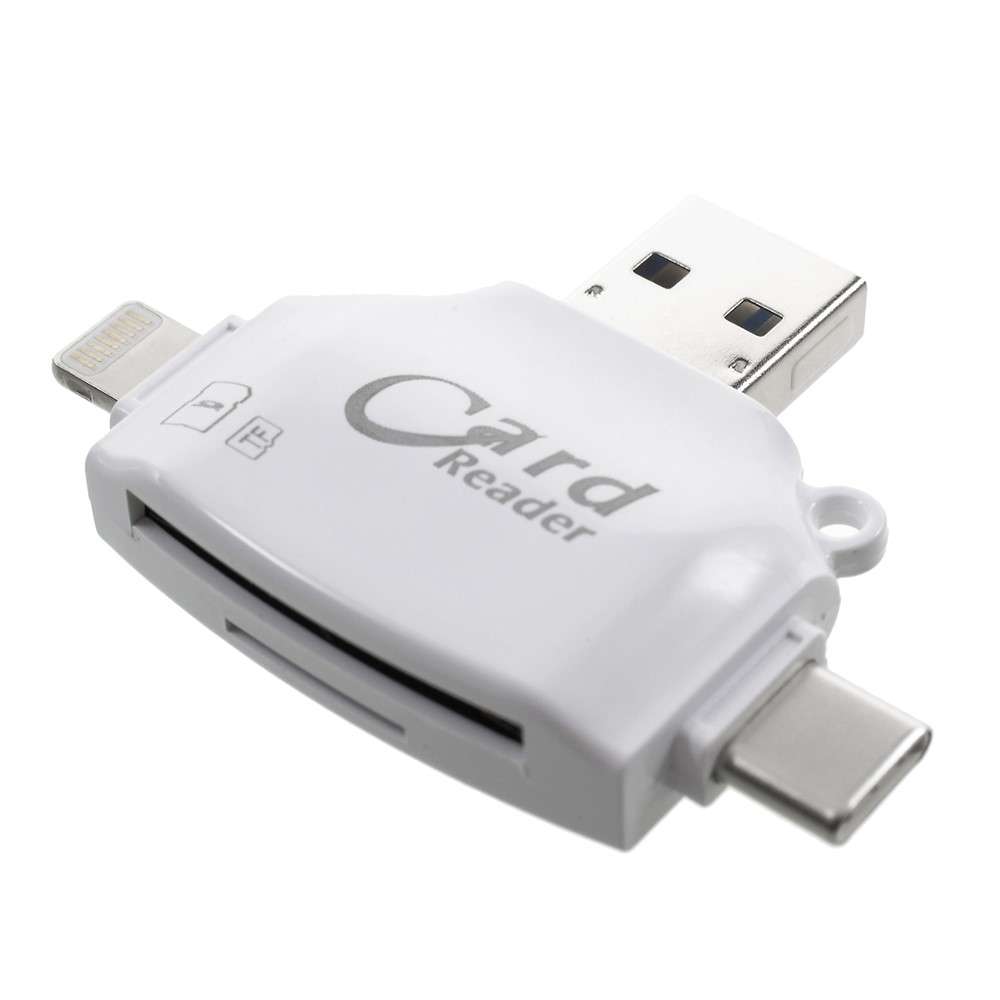Multi-functional 4 in 1 Lightning 8pin/Micro USB/Type-C/USB2.0 Card Reader with SD/TF Card Slot - Wh