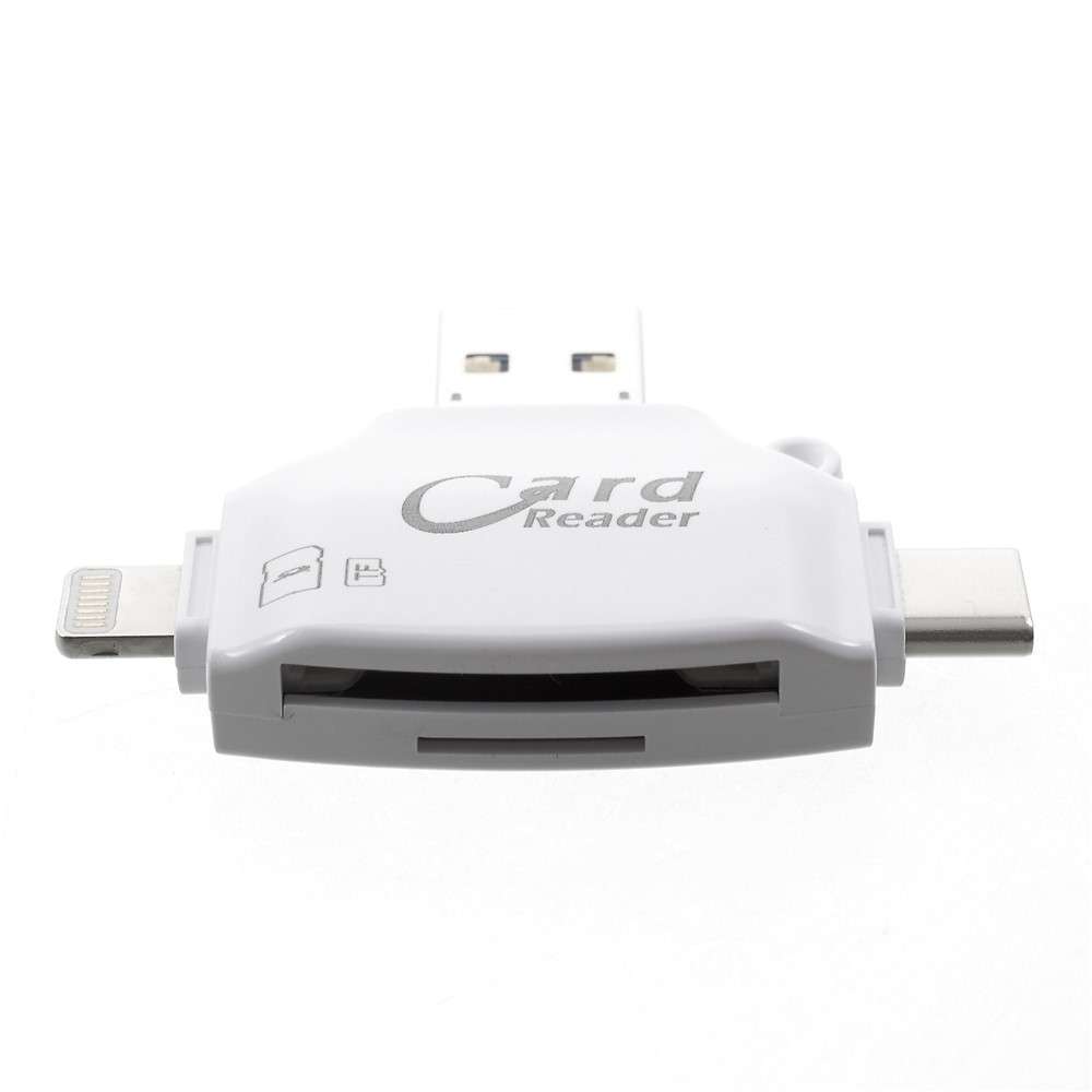 Multi-functional 4 in 1 Lightning 8pin/Micro USB/Type-C/USB2.0 Card Reader with SD/TF Card Slot - Wh