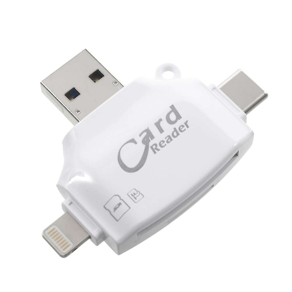 Multi-functional 4 in 1 Lightning 8pin/Micro USB/Type-C/USB2.0 Card Reader with SD/TF Card Slot - Wh