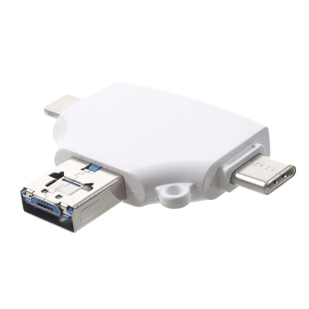 Multi-functional 4 in 1 Lightning 8pin/Micro USB/Type-C/USB2.0 Card Reader with SD/TF Card Slot - Wh