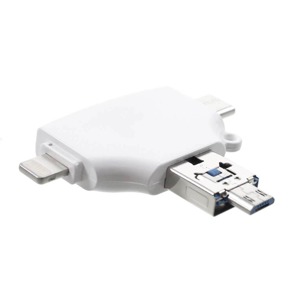 Multi-functional 4 in 1 Lightning 8pin/Micro USB/Type-C/USB2.0 Card Reader with SD/TF Card Slot - Wh