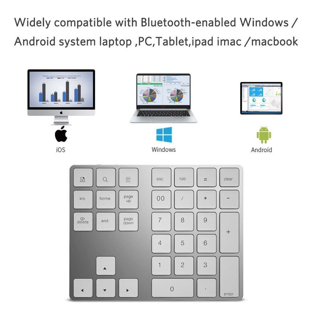 Aluminium 34-Key Wireless Numeric Bluetooth-compatible Keyboard Keypad for Windows/iOS/Android - Sil