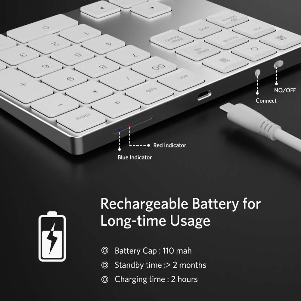 Aluminium 34-Key Wireless Numeric Bluetooth-compatible Keyboard Keypad for Windows/iOS/Android - Sil