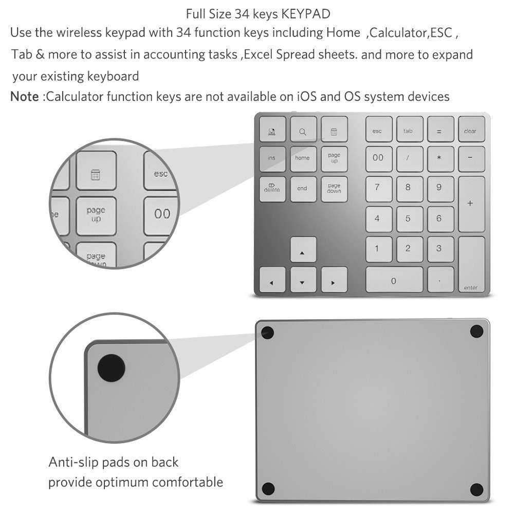 Aluminium 34-Key Wireless Numeric Bluetooth-compatible Keyboard Keypad for Windows/iOS/Android - Sil
