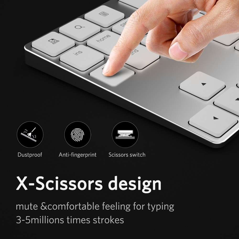 Aluminium 34-Key Wireless Numeric Bluetooth-compatible Keyboard Keypad for Windows/iOS/Android - Sil