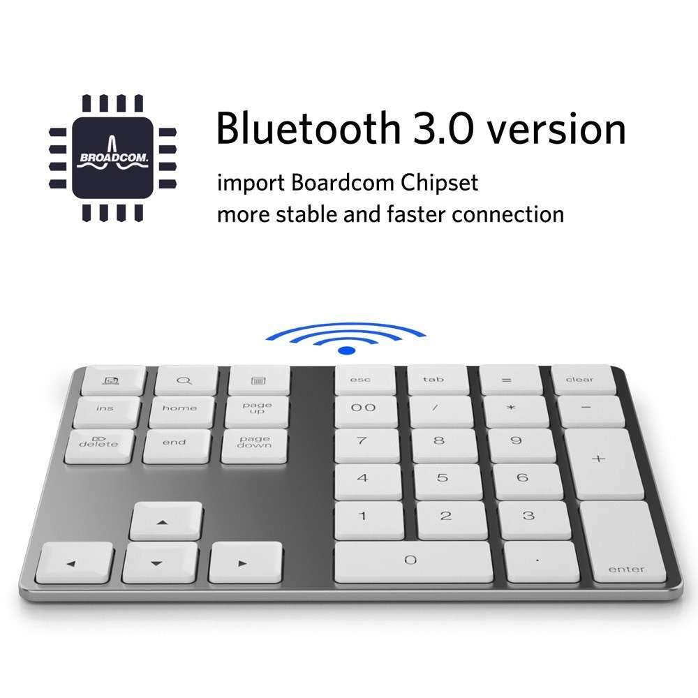 Aluminium 34-Key Wireless Numeric Bluetooth-compatible Keyboard Keypad for Windows/iOS/Android - Sil