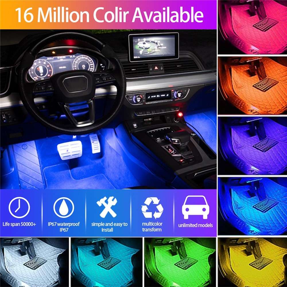 Car LED Strip Light 4Pcs 48 LED DC 12V Neon Strip Car Interior Led Decorative Lamp with Sound Active