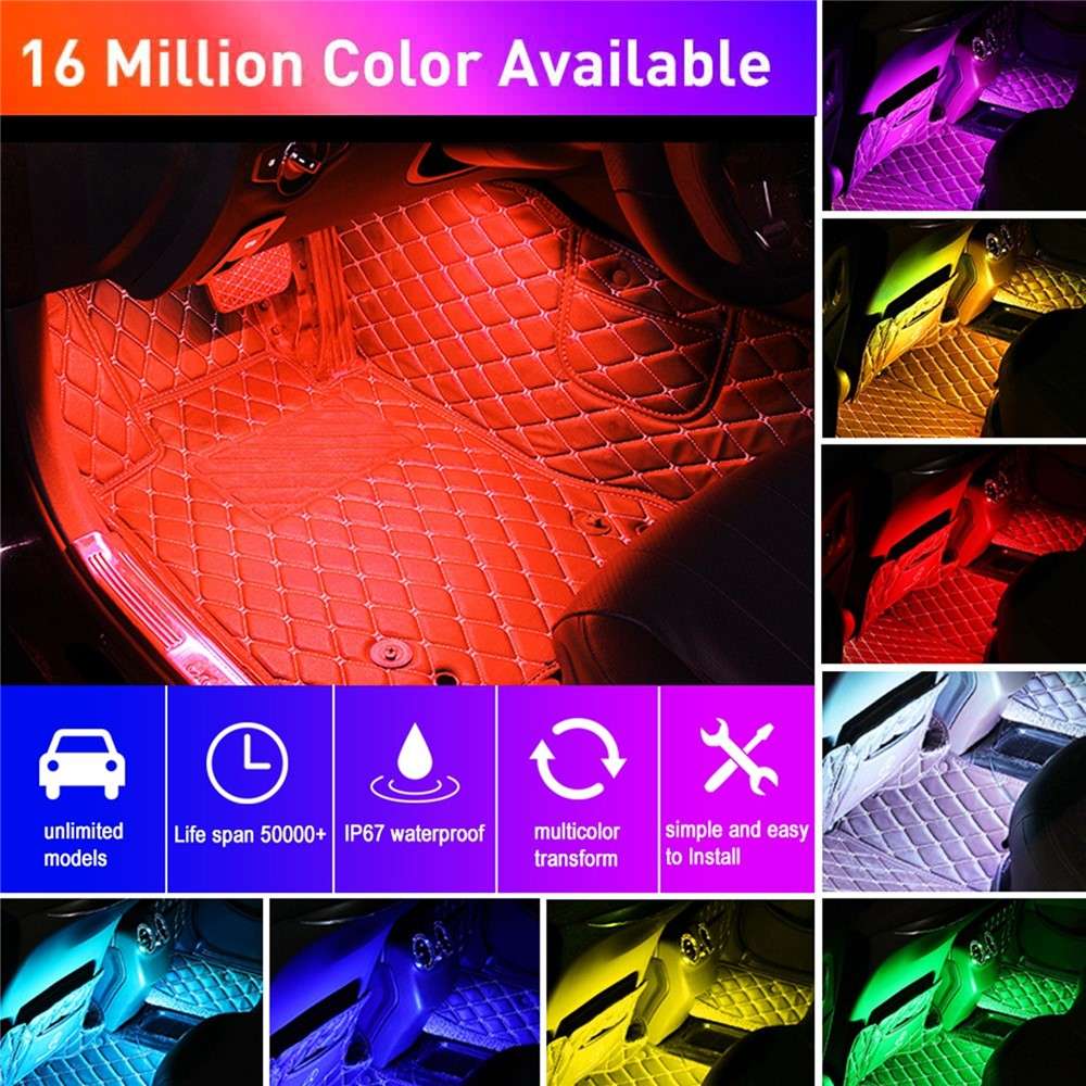 Car LED Strip Light 4Pcs 48 LED DC 12V Neon Strip Car Interior Led Decorative Lamp with Sound Active