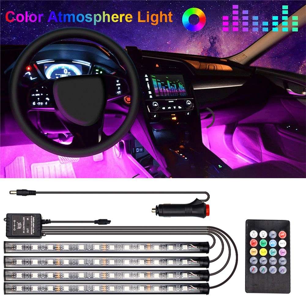 Car LED Strip Light 4Pcs 48 LED DC 12V Neon Strip Car Interior Led Decorative Lamp with Sound Active