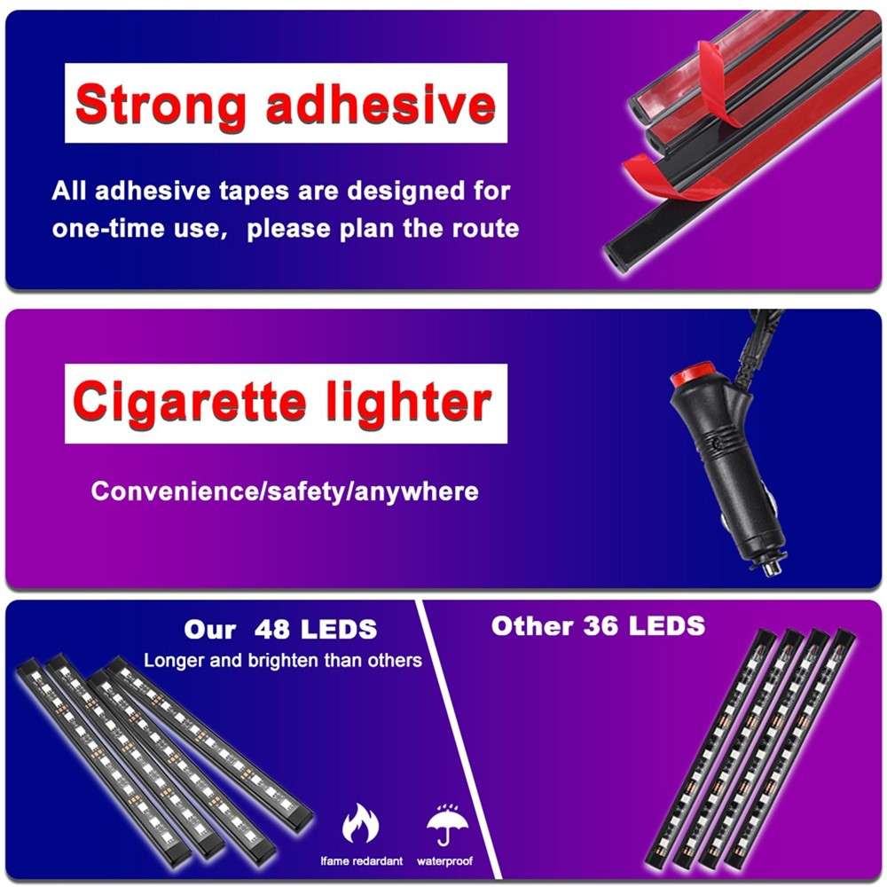 Car LED Strip Light 4Pcs 48 LED DC 12V Neon Strip Car Interior Led Decorative Lamp with Sound Active