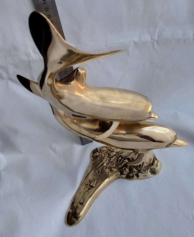 Large (40 cm) Vintage Brass Pair of Swimming Dolphins secured on a Brass reef base