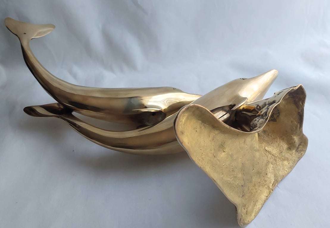 Large (40 cm) Vintage Brass Pair of Swimming Dolphins secured on a Brass reef base