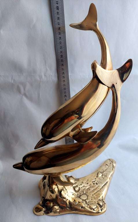 Large (40 cm) Vintage Brass Pair of Swimming Dolphins secured on a Brass reef base