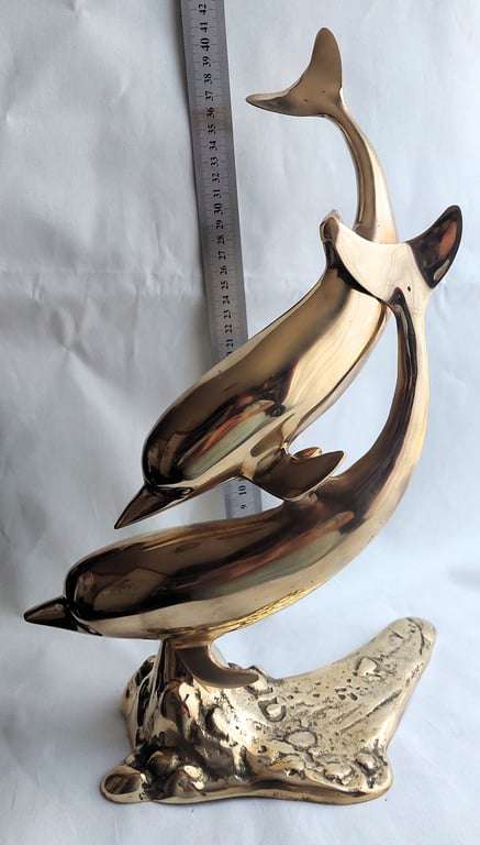 Large (40 cm) Vintage Brass Pair of Swimming Dolphins secured on a Brass reef base