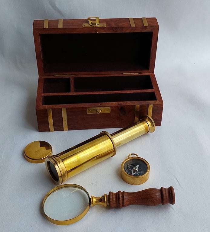 Decorative Nautical Set - Brass telescope, magnifying glass and compass in a wooden treasure chest