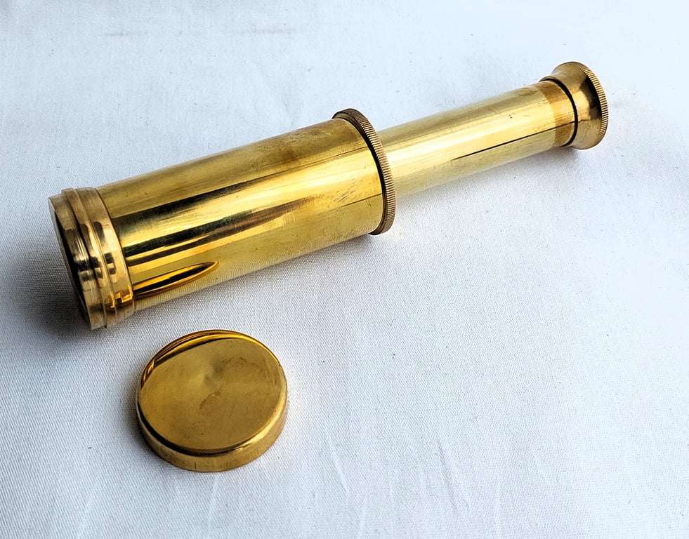 Decorative Nautical Set - Brass telescope, magnifying glass and compass in a wooden treasure chest