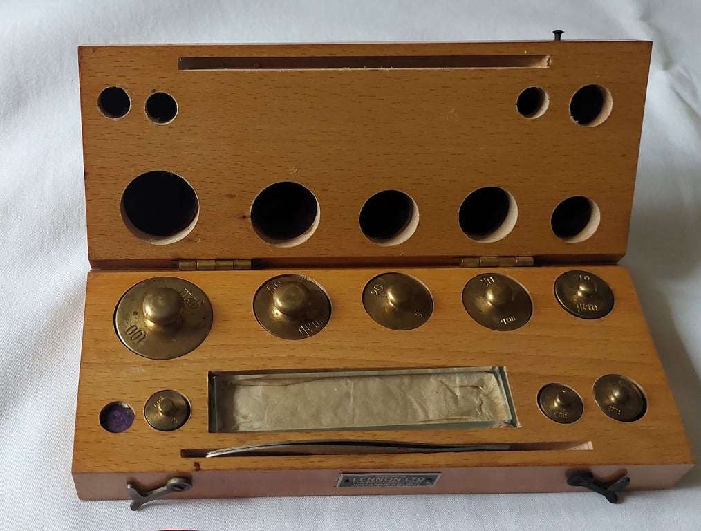 Vintage set of weights for a lab balance scale made in Germany