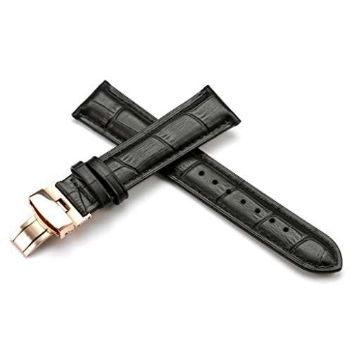 iStrap 22mm Calf Leather Watch Band Replacement Strap W/ Rose Gold Steel Deployant Buckle Black