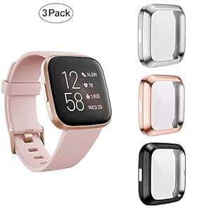 Diruite 3-Pack Fitbit Versa 2 Screen Protector Case Soft Plated TPU All-Ar (BlackSilverClear)