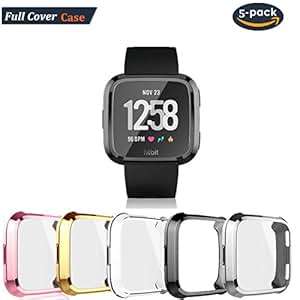 FOLOME 5-Pack Compatible Fitbit Versa Screen Protector (Black Silver Gold Rose Gold Clear)