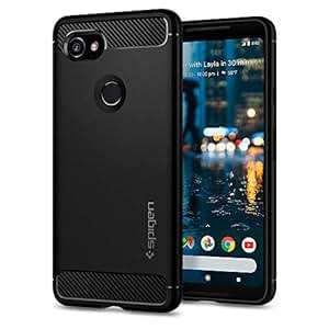 Google Pixel 2 XL Case Spigen Rugged Armor Black Resilient Shock Absorption and Carbon Fiber Design