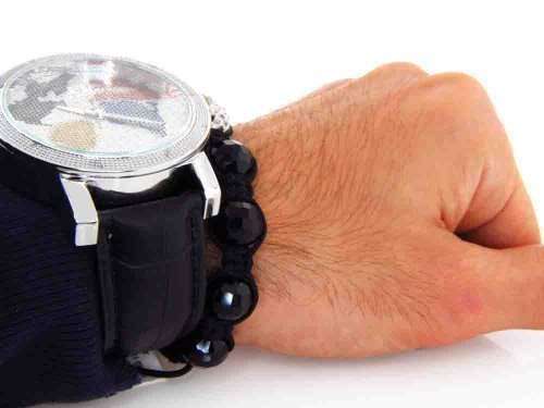 Super Techno Diamond Watch Genuine Diamond Mens Watch Oversized Silver Case Leather Band w/ 2 Interc