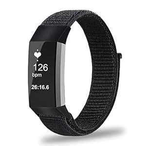 FINTIE Fitbit Charge 3 Strap Large Nylon Sport Loop Breathable Replaceme (L(180mm-245mm))(Black)