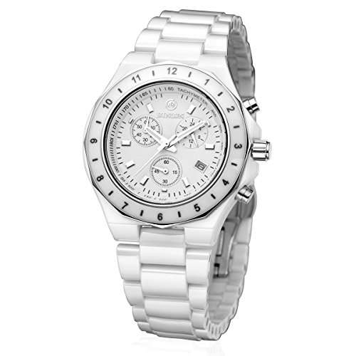 Binlun Outdoors Sports Watch Multifunctional Ceramic Quartz Watches for Women(White)