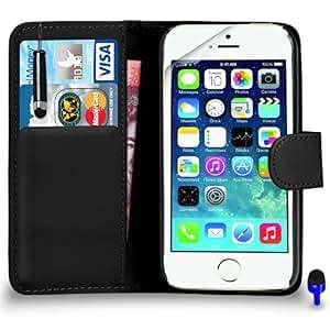 Apple iPhone 5/5S Premium Leather Black Wallet Flip Case Cover Pouch Mini Touch Stylus Pen BLUE