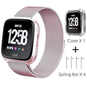 CAVN Fitbit Versa Strap Fitbit Versa Milanese Replacement Straps Loop Stainless Steel (Large)(Pink)