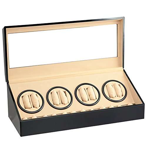 BRAND NEW BLACK WOOD 8+12 AUTOMATIC QUAD DUAL / DOUBLE WATCH WINDER 12 DISPLAY STORAGE BOX CASE