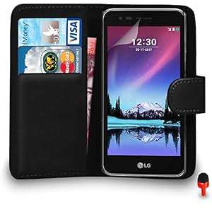 LG K4 2017 Case Premium Leather BLACK Wallet Flip Case Cover Pouch RED Dust Stopper Screen Protector