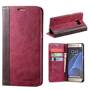 Galaxy S7 Edge Case Lensun Genuine Leather Wallet Case Cover for Samsung Galaxy S7 Edge 5.5 Wine