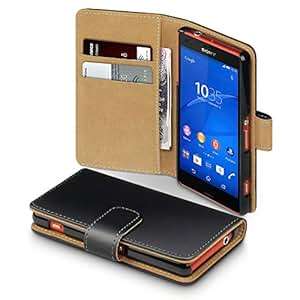 Sony Xperia Z3 Compact Premium Leather Wallet Cases Black Tan Interior