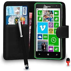 Nokia Lumia 625 Case Premium Leather BLACK Wallet Flip Case Cover Pouch with Big Touch Stylus Pen