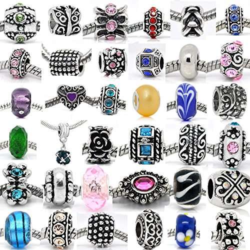 (20 Beads Mix) Pack of Assorted Silver Tone Charms, Rhinestones Bead Charms, Murano Glass Beads and