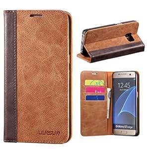 Galaxy S7 Edge Case Lensun Genuine Leather Wallet Case for Samsung Galaxy S7 Edge 5.5 Brown S7E