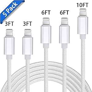 Aclouddate iPhone Charger MFi Certified 5 Pack Extra Long Nylon (Lightning Cable)(Lightning Cable)