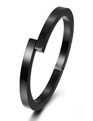 Wistic Black Bracelet with Stainless Steel Bangle Cuff and Magnetic-Clasp Plain Polished..