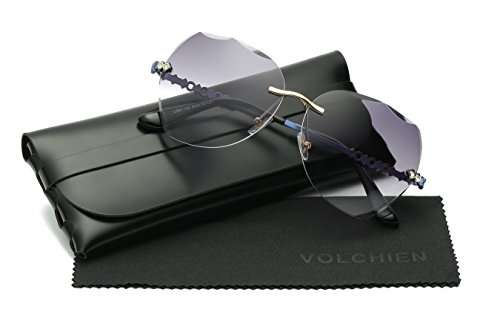 VOLCHIEN Rimless Rhinestone Ladies Sunglasses Metal Arm UV Protection Oval Frameless Women Sun glas