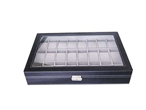 Sodynee Watch Box Large 24 Mens Black Leather Display Glass Top Jewelry Case Organizer