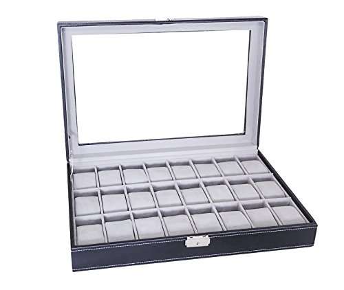 Sodynee Watch Box Large 24 Mens Black Leather Display Glass Top Jewelry Case Organizer