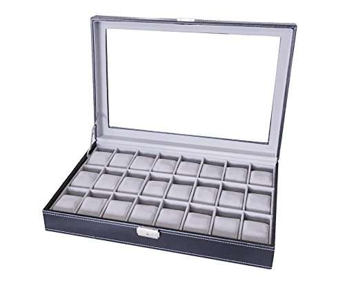 Sodynee Watch Box Large 24 Mens Black Leather Display Glass Top Jewelry Case Organizer