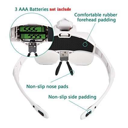 Diagtree Head Mount Magnifier with 2 Led Professional Jeweler's Loupe Light Bracket and Headband ar